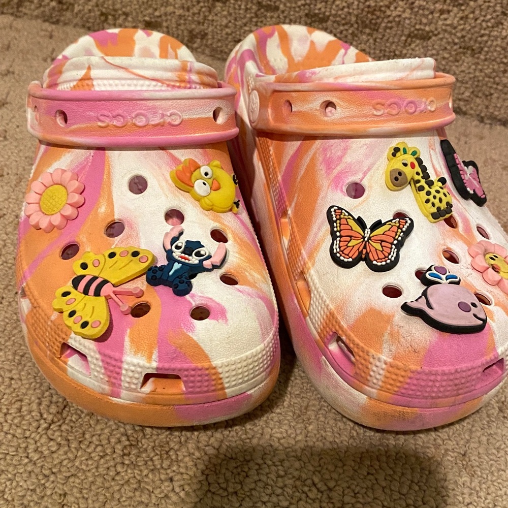 2 for the price of 1! CROCS Pink and Orange Swirl with Fun Charms and white